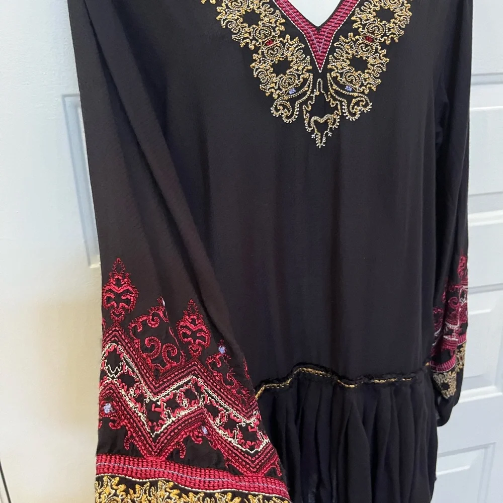 Free People Wild One Black Embroidered Long Sleeve V Neck Mini Dress Tunic XS